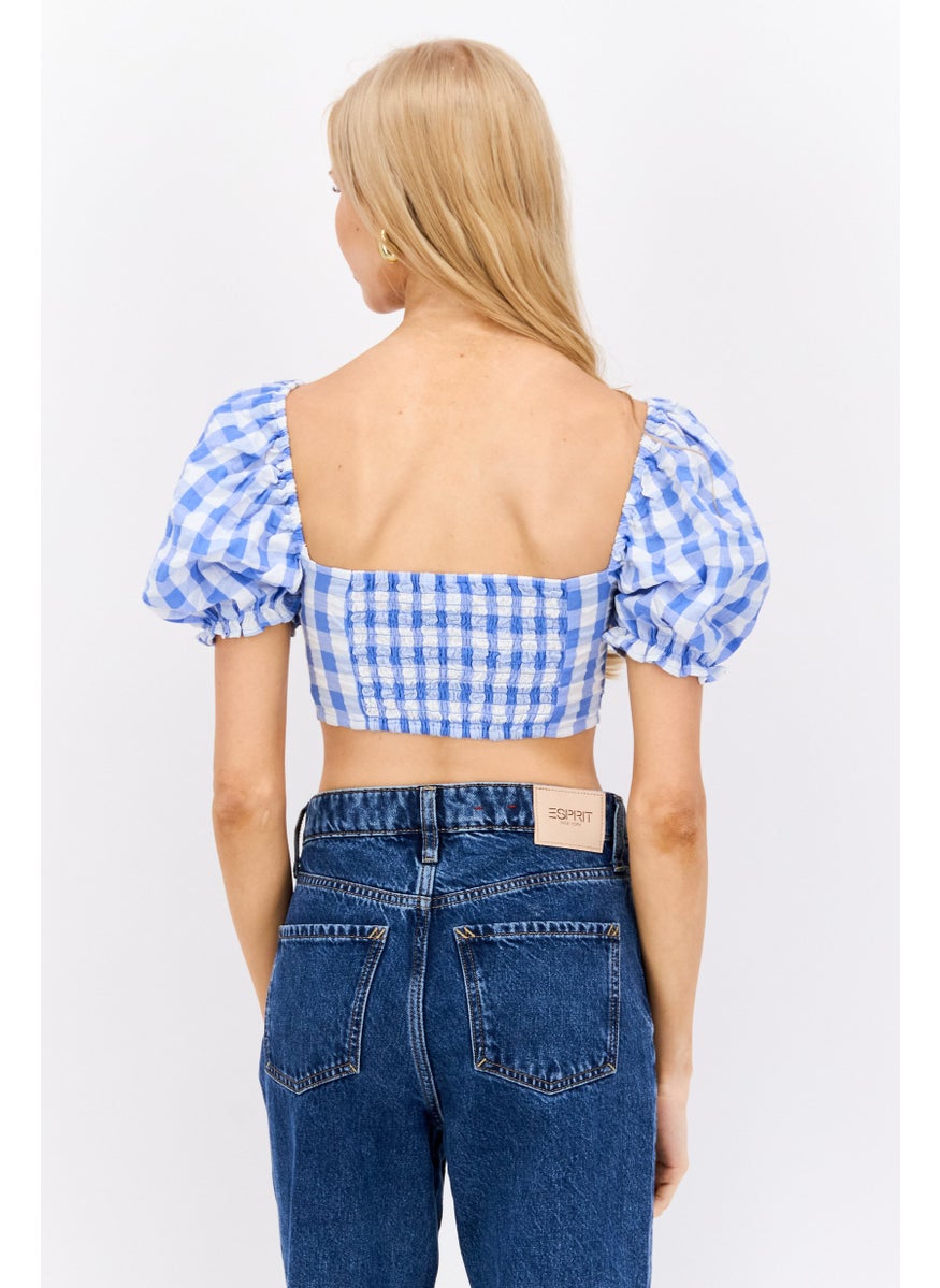 MONKI Women Sweetheart Neck  Puff Shoulder Checkered Blouse, Blue  - Image 2