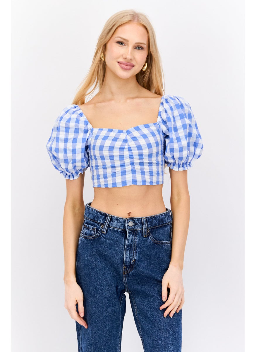 MONKI Women Sweetheart Neck  Puff Shoulder Checkered Blouse, Blue  - Image 1