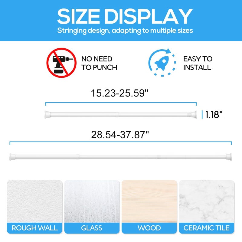 Zipglo 2pack Spring Tension Rods 18-36 Inch Adjustable White Tension Rod Spring Rod Extendable Short Curtain Rod Spring Loaded Curtain Rods Tension Rod for Curtains,Closet,Kitchen - Image 4