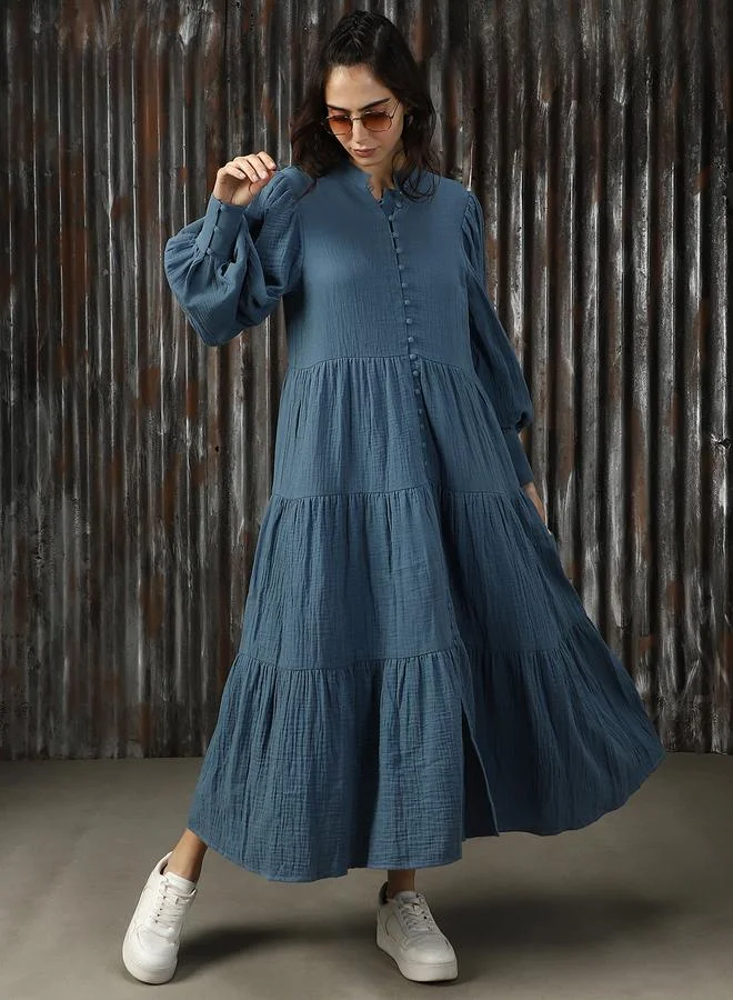 Women Mandarin Neck Balloon Sleeves Pure Cotton A-Line Fit & Flare Textured Cotton Midi Dress