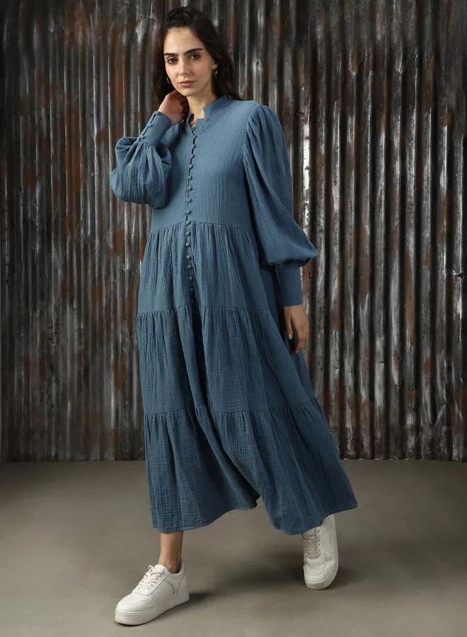 HIGH STAR  Women Mandarin Neck Balloon Sleeves Pure Cotton A-Line Fit & Flare Textured Cotton Midi Dress for Women | Best Price UAE