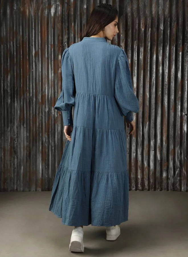 HIGH STAR  Women Mandarin Neck Balloon Sleeves Pure Cotton A-Line Fit & Flare Textured Cotton Midi Dress for Women | Best Price UAE