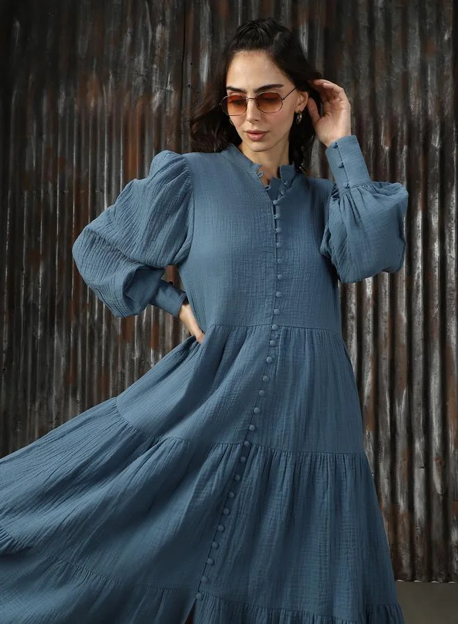 HIGH STAR  Women Mandarin Neck Balloon Sleeves Pure Cotton A-Line Fit & Flare Textured Cotton Midi Dress for Women | Best Price UAE