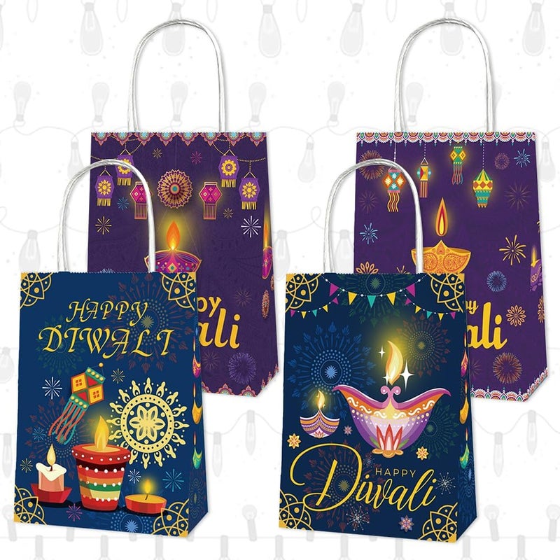 Heureppy 12 Packs Happy Diwali Words Gift Bags Diwali Favor Treat Bag Festival of Lights Party Candy Gift Bags with Handles, Blue Purple Candlelight Goodie Candy Bags for Diwali Party Favor Decoration Supplies - Image 1