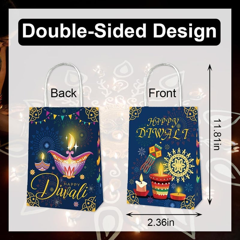 Heureppy 12 Packs Happy Diwali Words Gift Bags Diwali Favor Treat Bag Festival of Lights Party Candy Gift Bags with Handles, Blue Purple Candlelight Goodie Candy Bags for Diwali Party Favor Decoration Supplies - Image 2