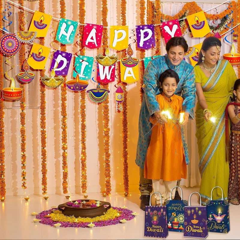 Heureppy 12 Packs Happy Diwali Words Gift Bags Diwali Favor Treat Bag Festival of Lights Party Candy Gift Bags with Handles, Blue Purple Candlelight Goodie Candy Bags for Diwali Party Favor Decoration Supplies - Image 4