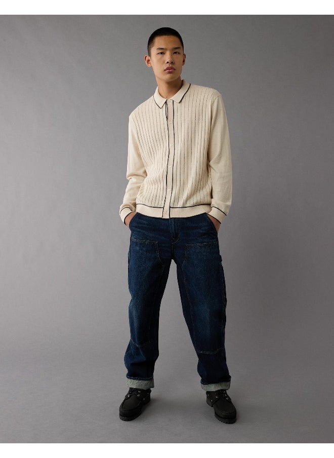 American Eagle AE Long-Sleeve Tipped Sweater Polo Shirt  - Image 1