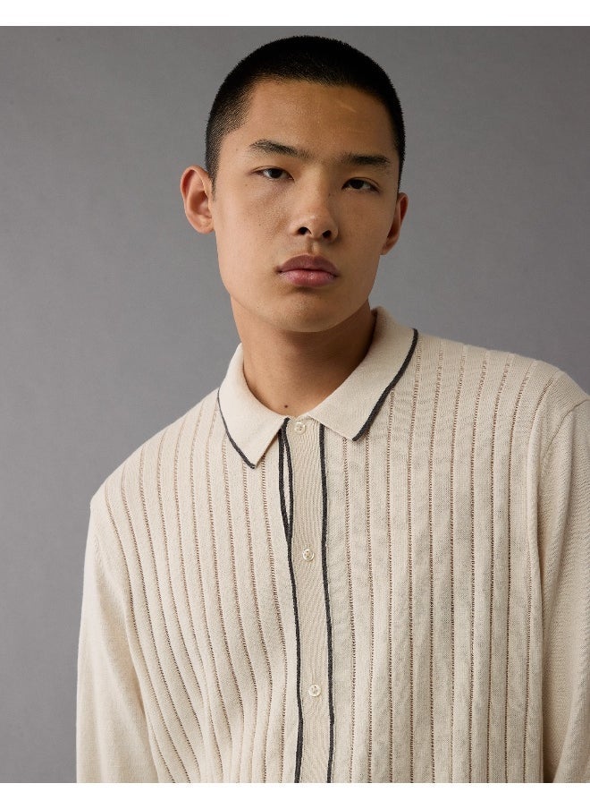American Eagle AE Long-Sleeve Tipped Sweater Polo Shirt  - Image 2