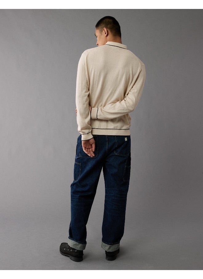 American Eagle AE Long-Sleeve Tipped Sweater Polo Shirt  - Image 3