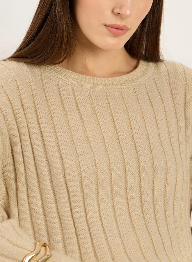 Femmella  Beige Ribbed Knit Crew Neck Sweater for Women | Best Price UAE