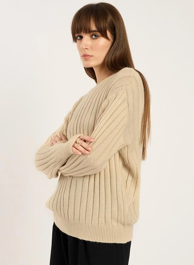 Femmella Beige Ribbed Knit Crew Neck Sweater