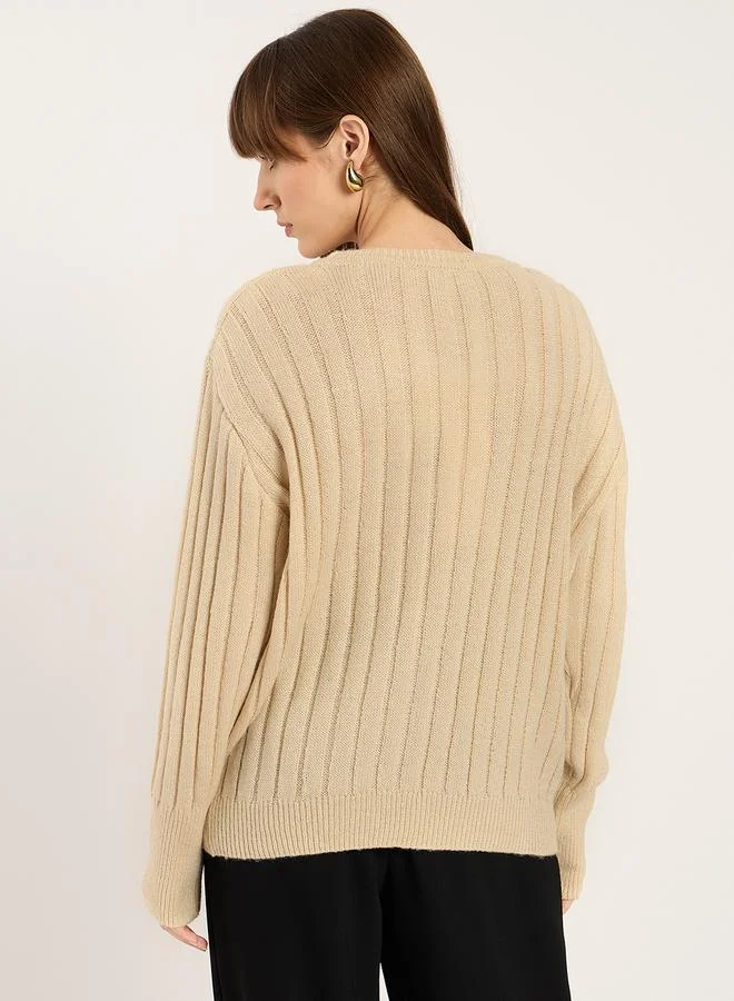 Femmella  Beige Ribbed Knit Crew Neck Sweater for Women | Best Price UAE