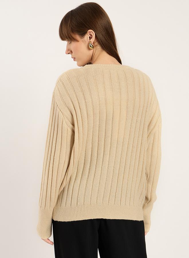 Femmella Beige Ribbed Knit Crew Neck Sweater - Image 3