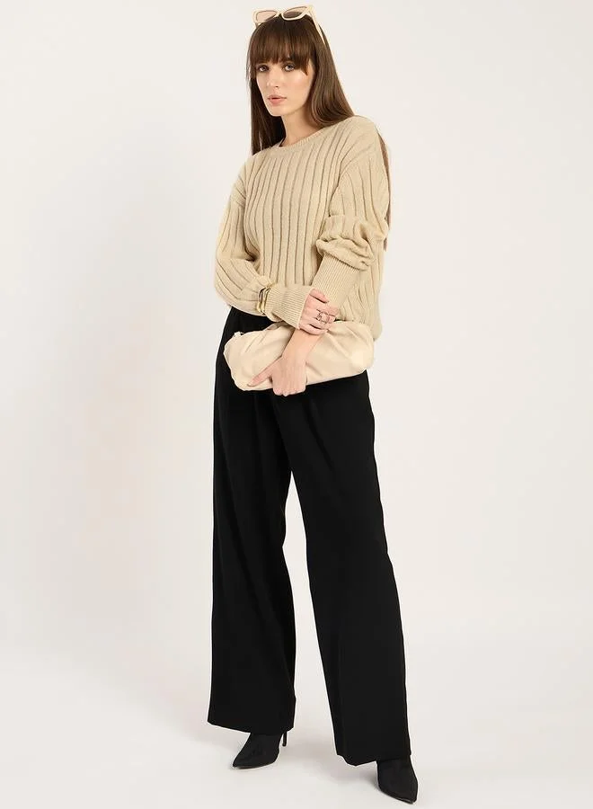 Femmella  Beige Ribbed Knit Crew Neck Sweater for Women | Best Price UAE