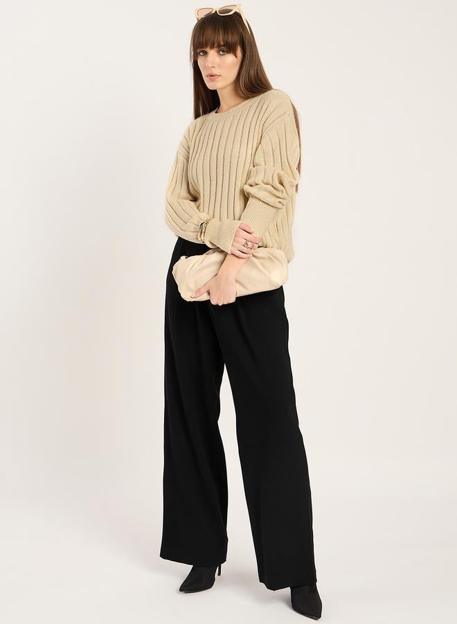 Femmella Beige Ribbed Knit Crew Neck Sweater - Image 4