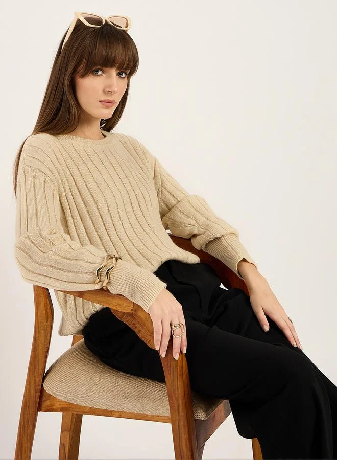 Femmella  Beige Ribbed Knit Crew Neck Sweater for Women | Best Price UAE