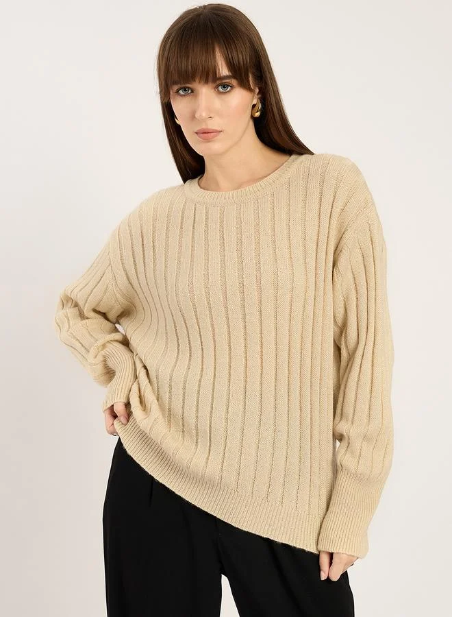 Femmella Beige Ribbed Knit Crew Neck Sweater
