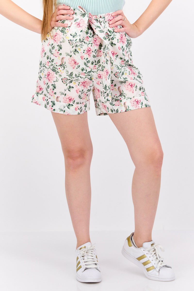 Pepe Jeans Women Floral Belt Tie Shorts, White Combo - Image 1