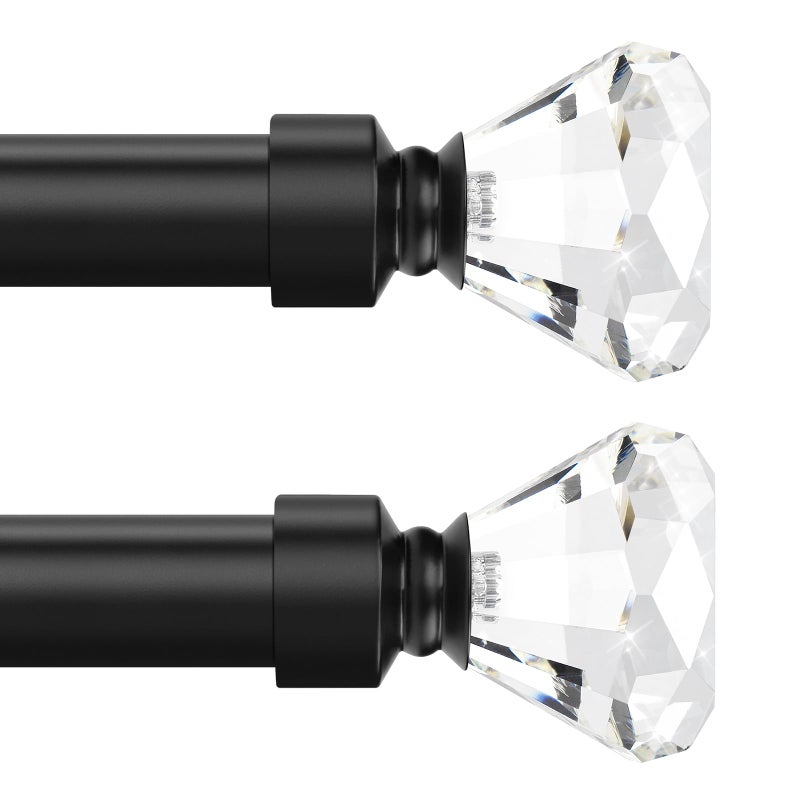 Knobelite 2 Pack 1-Inch Diameter Single Window Treatment Curtain Rod, Crystal Finial Home Curtain Rods,22-inch to 42-inch Adjustable(1.8-3.5ft), Black Curtain Rods for Windows