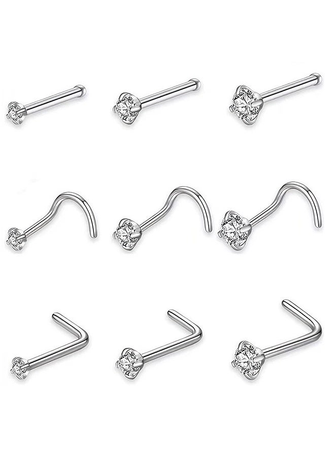 Happy D Nose studs set for men and women, including helix cartilage, tragus, and L-shaped/corkscrew/straight nose studs - Image 1