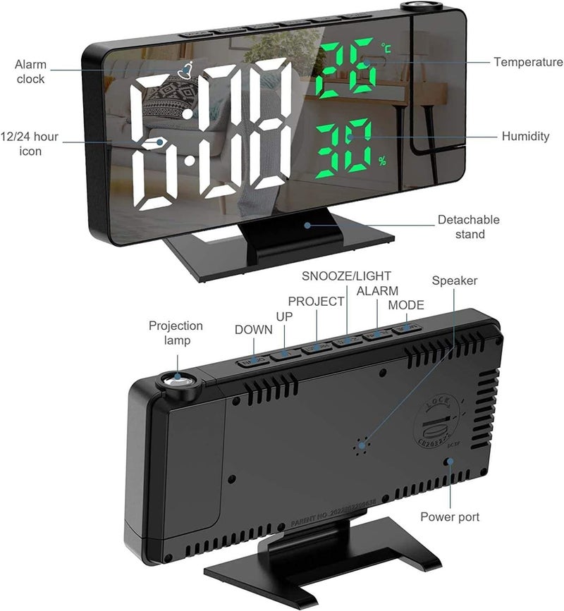 LED Mirror Clock, Digital Alarm Clock Projector with Time/Temperature/Date Display, Large Mirror Screen, 3-Level Projection Brightness, Snooze Function for Home & Office (White) - Image 1