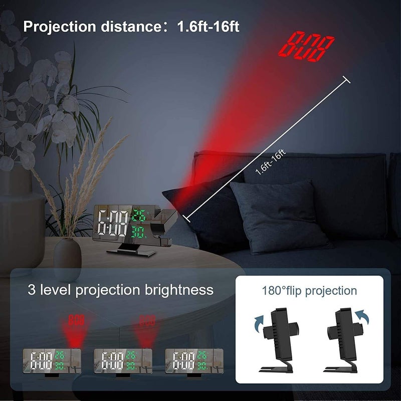 LED Mirror Clock, Digital Alarm Clock Projector with Time/Temperature/Date Display, Large Mirror Screen, 3-Level Projection Brightness, Snooze Function for Home & Office (White) - Image 2