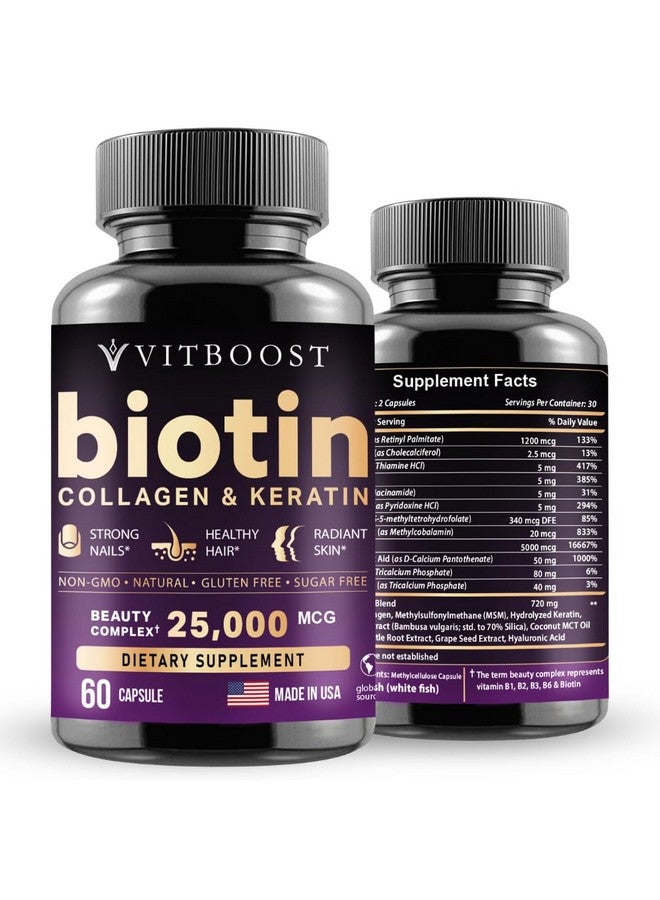 VITBOOST Biotin with Hyaluronic Acid, Collagen and Keratin - 25000 mcg Hair Growth Vitamins for Men and Women - Nails and Skin, USA Made - Third Party Tested, B1, B2, B3, B6, B7 Complex - 60 Capsules - Image 1