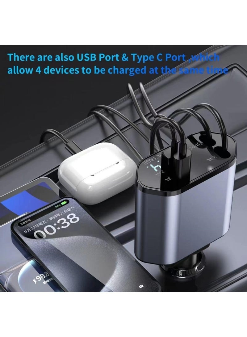 Retractable Car Charger, 4 in 1 Fast Charging Car Charger USB-C u0026 USB-A, Retractable Cables Compatible with iPhone 16/15/14/13/12/11,Galaxy,Pixel - Image 2
