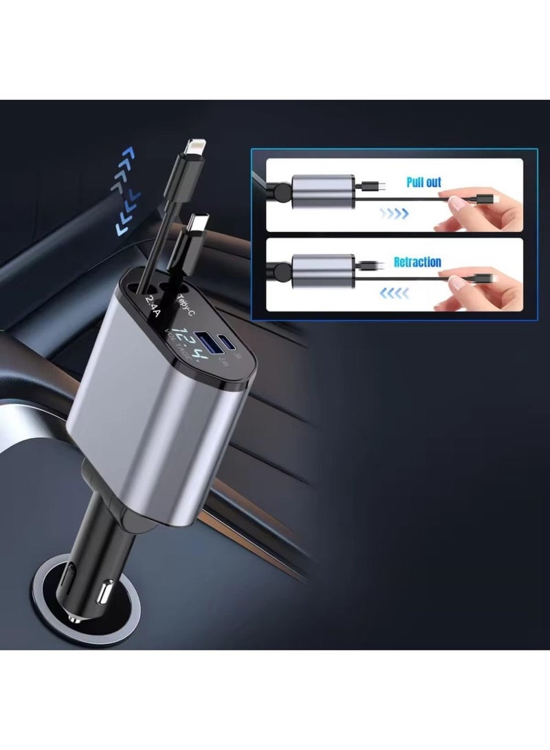 Retractable Car Charger, 4 in 1 Fast Charging Car Charger USB-C u0026 USB-A, Retractable Cables Compatible with iPhone 16/15/14/13/12/11,Galaxy,Pixel - Image 4