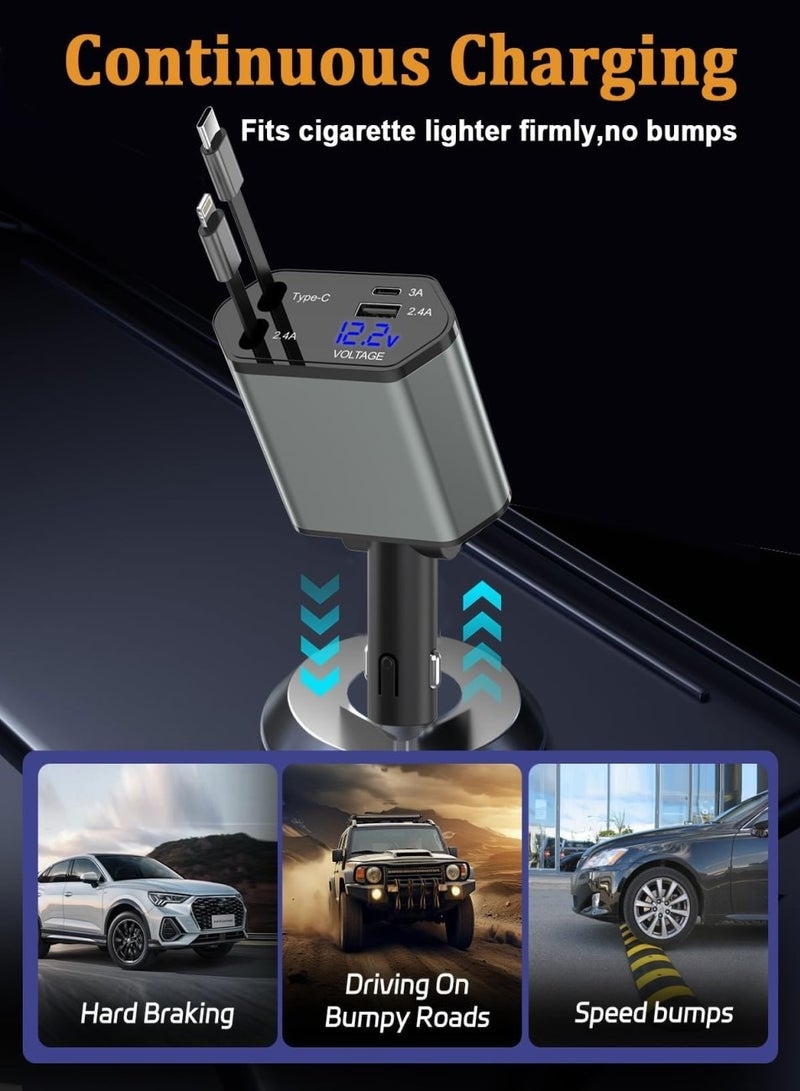 Retractable Car Charger, 4 in 1 Fast Charging Car Charger USB-C u0026 USB-A, Retractable Cables Compatible with iPhone 16/15/14/13/12/11,Galaxy,Pixel - Image 5