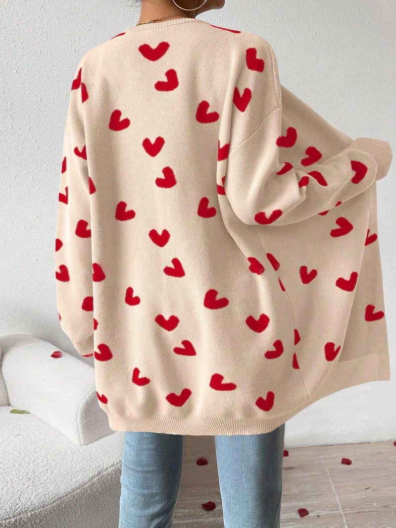 SECRETEYARD Womens Cute Heart Cardigans Oversized Long Sleeve Open Front Knit Sweaters Beige - Image 4
