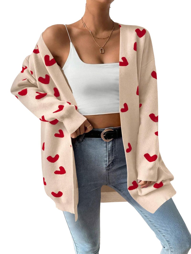 SECRETEYARD Womens Cute Heart Cardigans Oversized Long Sleeve Open Front Knit Sweaters Beige - Image 1