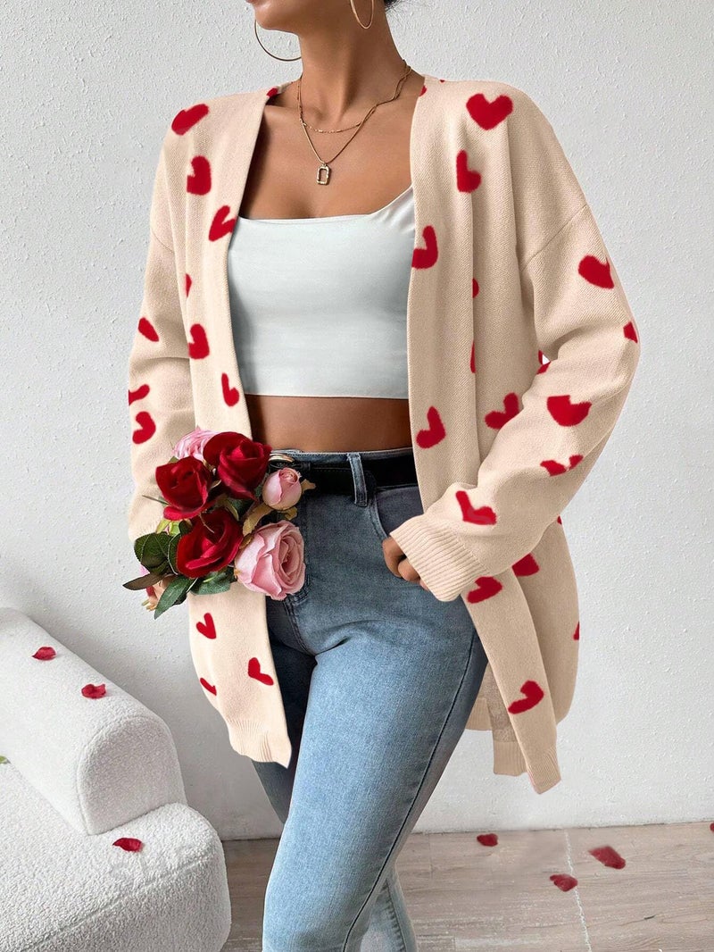 SECRETEYARD Womens Cute Heart Cardigans Oversized Long Sleeve Open Front Knit Sweaters Beige - Image 3