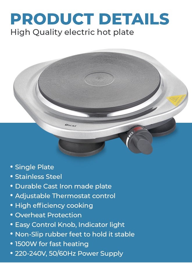 Oscar - Oscar Single Hot Plate OHP10S – 1500W Portable Electric Hot Plate, Stainless Steel, Durable Cast Iron Plate, Works with All Cookware, Adjustable Temperature Control, Overheat Protection, Fast Heating, Non-Slip Feet, Easy to Clean, 220-240V - Image 1