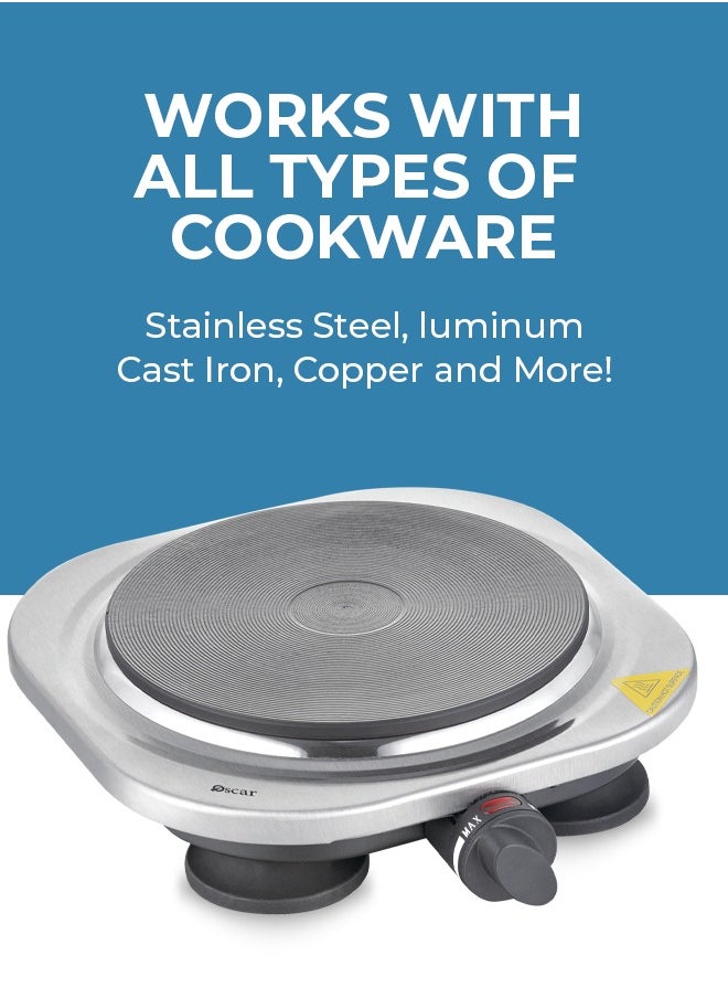 Oscar - Oscar Single Hot Plate OHP10S – 1500W Portable Electric Hot Plate, Stainless Steel, Durable Cast Iron Plate, Works with All Cookware, Adjustable Temperature Control, Overheat Protection, Fast Heating, Non-Slip Feet, Easy to Clean, 220-240V - Image 1