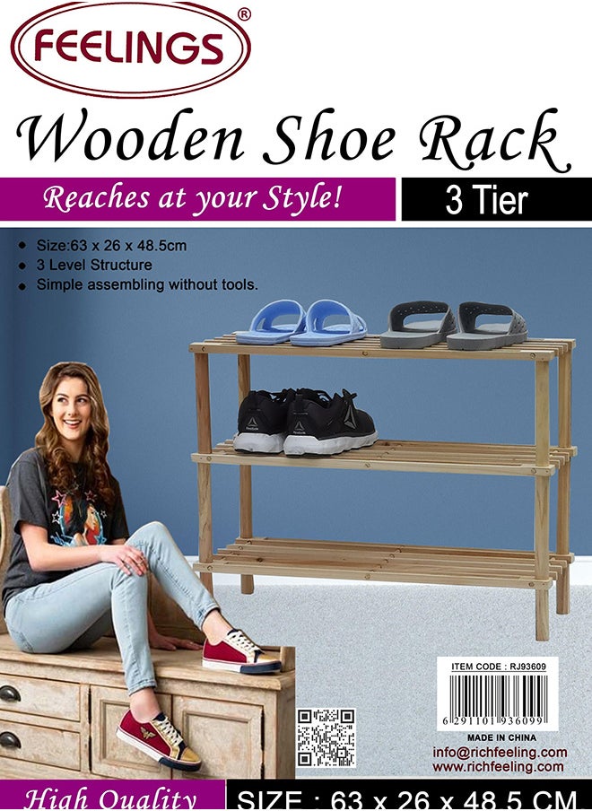Feelings Wooden Shoe Rack 3 Tier 63Cm Brown  - Image 4