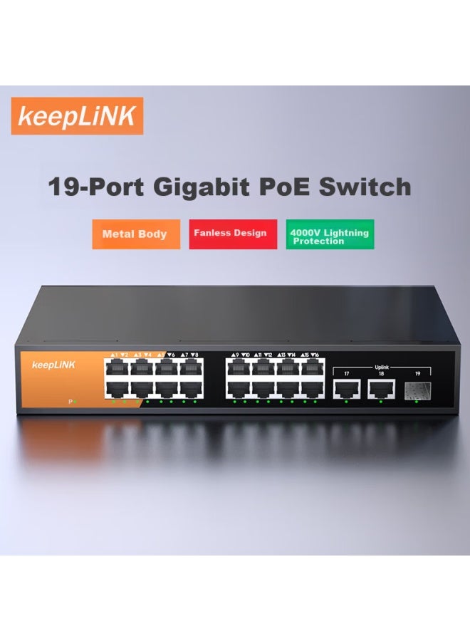 Keeplink Kp-9000 Full Gigabit 16-port Poe Switch + 2 Gigabit Cascading + 1 Gigabit Sfp Surveillance Camera Splitter Switch 240w - Image 1