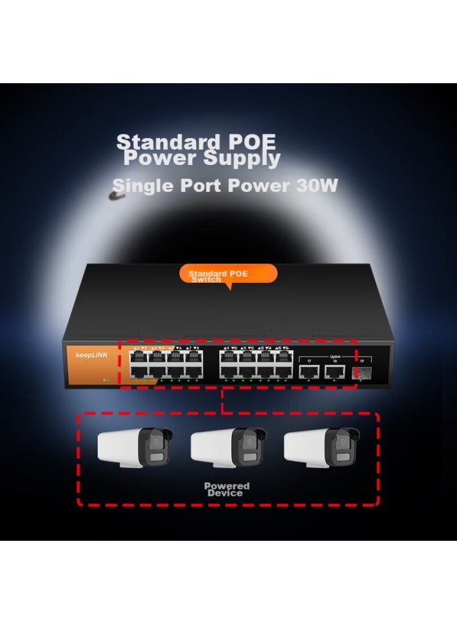 Keeplink Kp-9000 Full Gigabit 16-port Poe Switch + 2 Gigabit Cascading + 1 Gigabit Sfp Surveillance Camera Splitter Switch 240w - Image 2