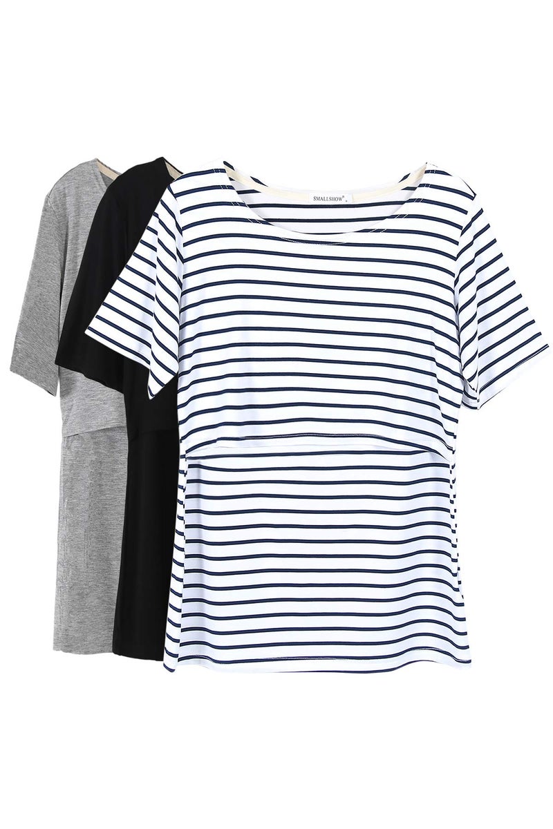 Smallshow 3 Pcs Maternity Nursing T-Shirt Nursing Tops White Stripe-Black-Grey Medium - Image 1