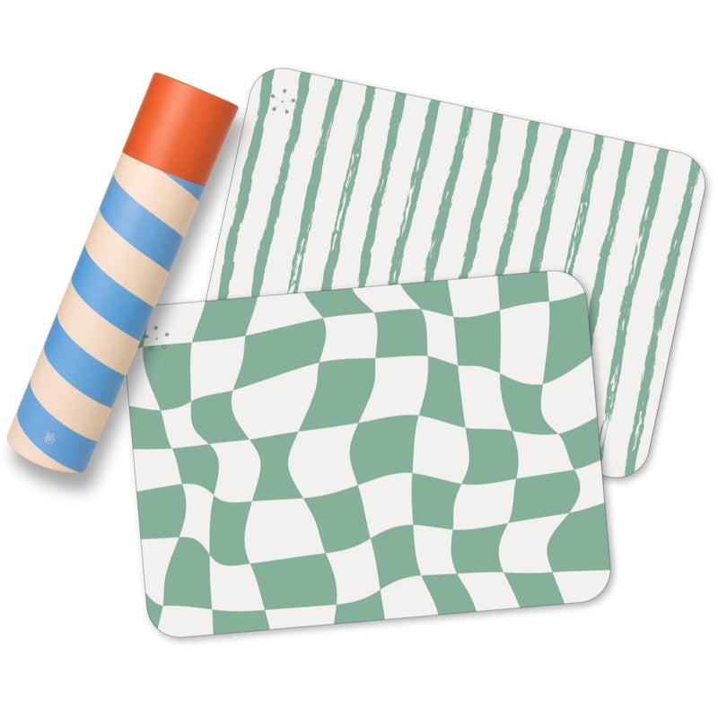 APLAINR Proud Placemats, Silicone Placemats for Babies, Toddlers & Kids, Activity Mats for Children, Checkered and Stripe Patterns, Non Slip, 16 x 12 inch, Set of 2, Matcha Green - Image 1