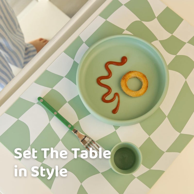 APLAINR Proud Placemats, Silicone Placemats for Babies, Toddlers & Kids, Activity Mats for Children, Checkered and Stripe Patterns, Non Slip, 16 x 12 inch, Set of 2, Matcha Green - Image 2