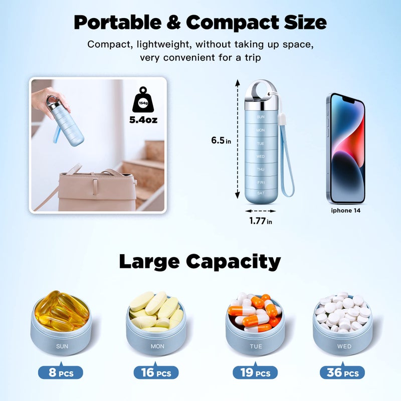 Zannaki Metal Travel Pill Organizer, Portable Waterproof Weekly Pill Box, Large Aluminum Alloy Pill Case Container, BPA Free 7 Day Daily Medicine Organizer Holder for Vitamin, Fish Oil, Supplement - Image 2