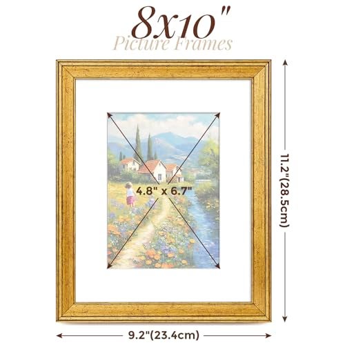 TWING 8x10 Picture Frame,Display Pictures 5x7 with Mat or 8x10 Without Mat,Vintage Picture Frames for Wall Mounting or Table Display,Rustic Gold,1 Pack - Image 2