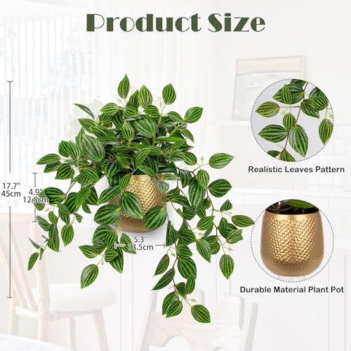 Briful Faux Plants Indoor 177in Fake Watermelon Peperomia Plant in Gold Pot with Realistic Silk Green Leaves Artificial Potted Plant for Home Office Table Shelf Desk Modern Room Decor - Image 3