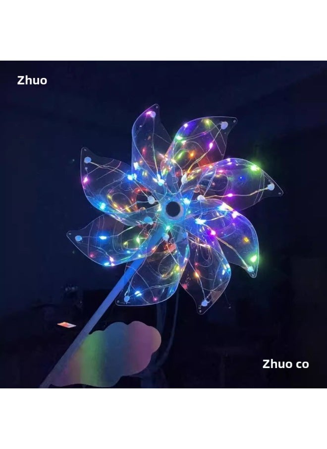 null - Melody Windmill Pattern Stall Wooden Pole Windmill Toy Colorful Laser Activity Sequin Printing Scenic Spot Luminous-Color:Transparent Laser Fluorescent Windmill With Light Medium Size (windmill Diameter 24) - Image 1