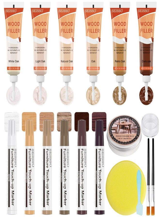 SEISSO Wood Furniture Repair Kit Touch Up Markers, 6 Colors Natural Oak Wood Filler with Repair Markers, Wood Polish Wax for Holes, Scratches, Cracks, Tables, Doors, Floors, Cabinet, Oak, Walnut - Set of 18 - Image 1