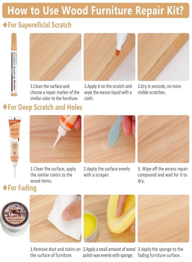SEISSO Wood Furniture Repair Kit Touch Up Markers, 6 Colors Natural Oak Wood Filler with Repair Markers, Wood Polish Wax for Holes, Scratches, Cracks, Tables, Doors, Floors, Cabinet, Oak, Walnut - Set of 18 - Image 3