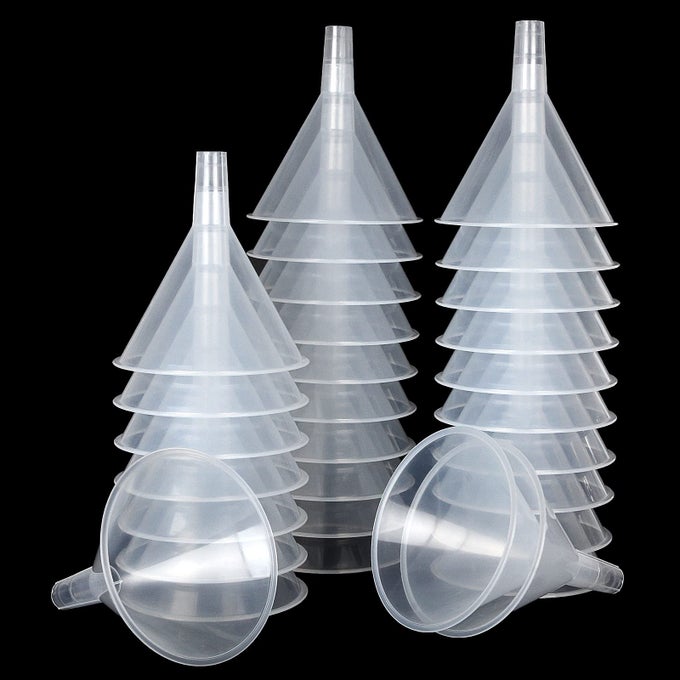 30PCS PLASTIC FUNNELS SET 48 INCH WIDE MOUTH CLEAR PLASTIC FUNNELS FOR FILLING WATER BOTTLES MULTIPURPOSE LARGE FUNNEL WITH LONG REACHING SPOUT FOR LIQUID SPICES POWDER LOTION OILS PERFUME