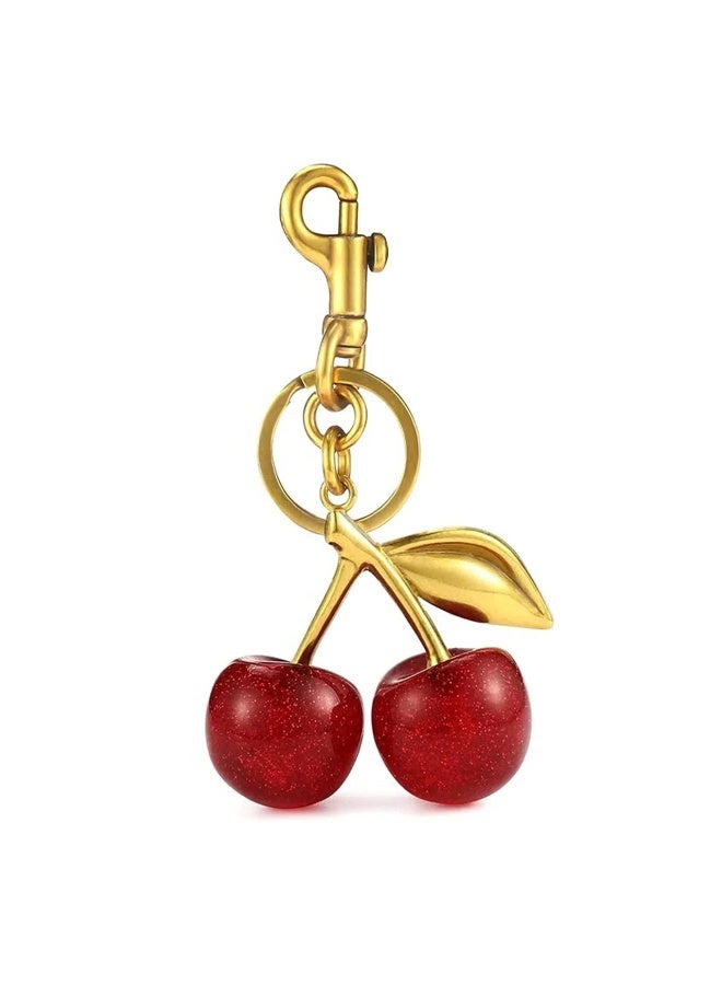 Luxurious 18K Gold Plated Cherry Bag Charm, Cherry Keychain Accessory Purse Charm - Image 1