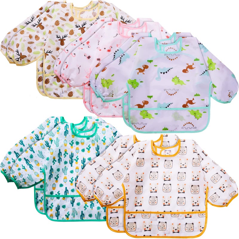 Tarpop 10 Pack Long Sleeve Bibs Infant Smocks Multi Pack Waterproof Soft Sleeved Bibs for Babies Toddler Eating Feeding (6-24 Months,Classic) - Image 1